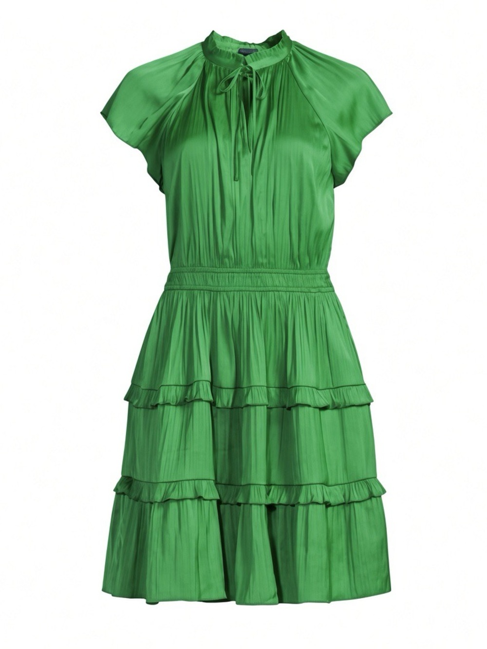 Women's Green Tiered Ruffle Mini Dress with Tie Neck XL